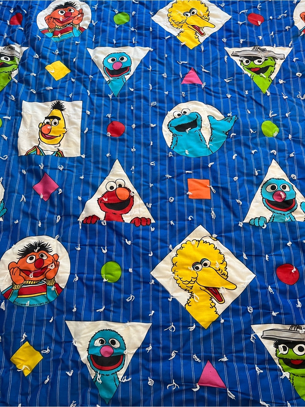 Vintage Sesame Street Blanket Big Bird Elmo Blue Geometric Shapes Handmade